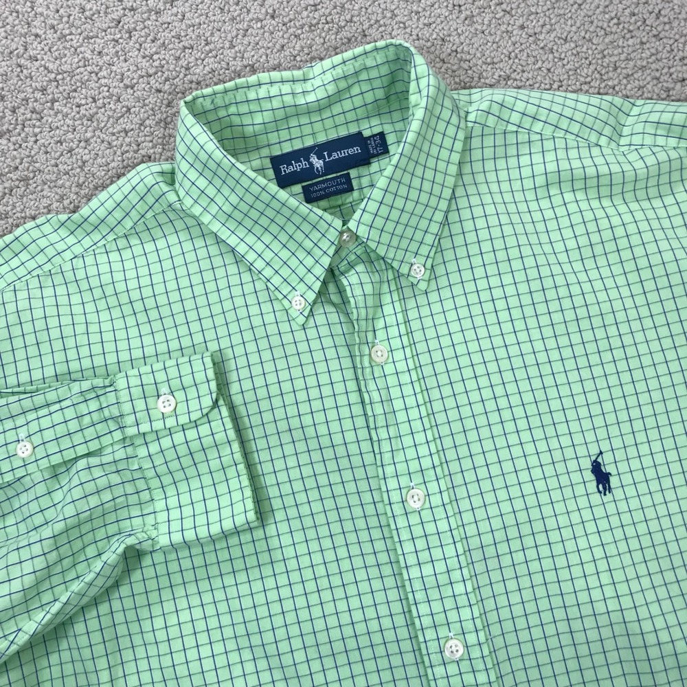 Ralph Lauren Yarmouth Mens 17 34 Green Check Cotton Button Down Shirt LS